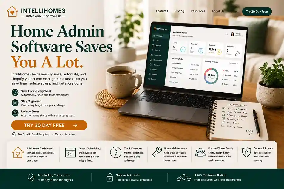 Homeowner relaxed on the couch while home management software tracks maintenance and insurance in the background